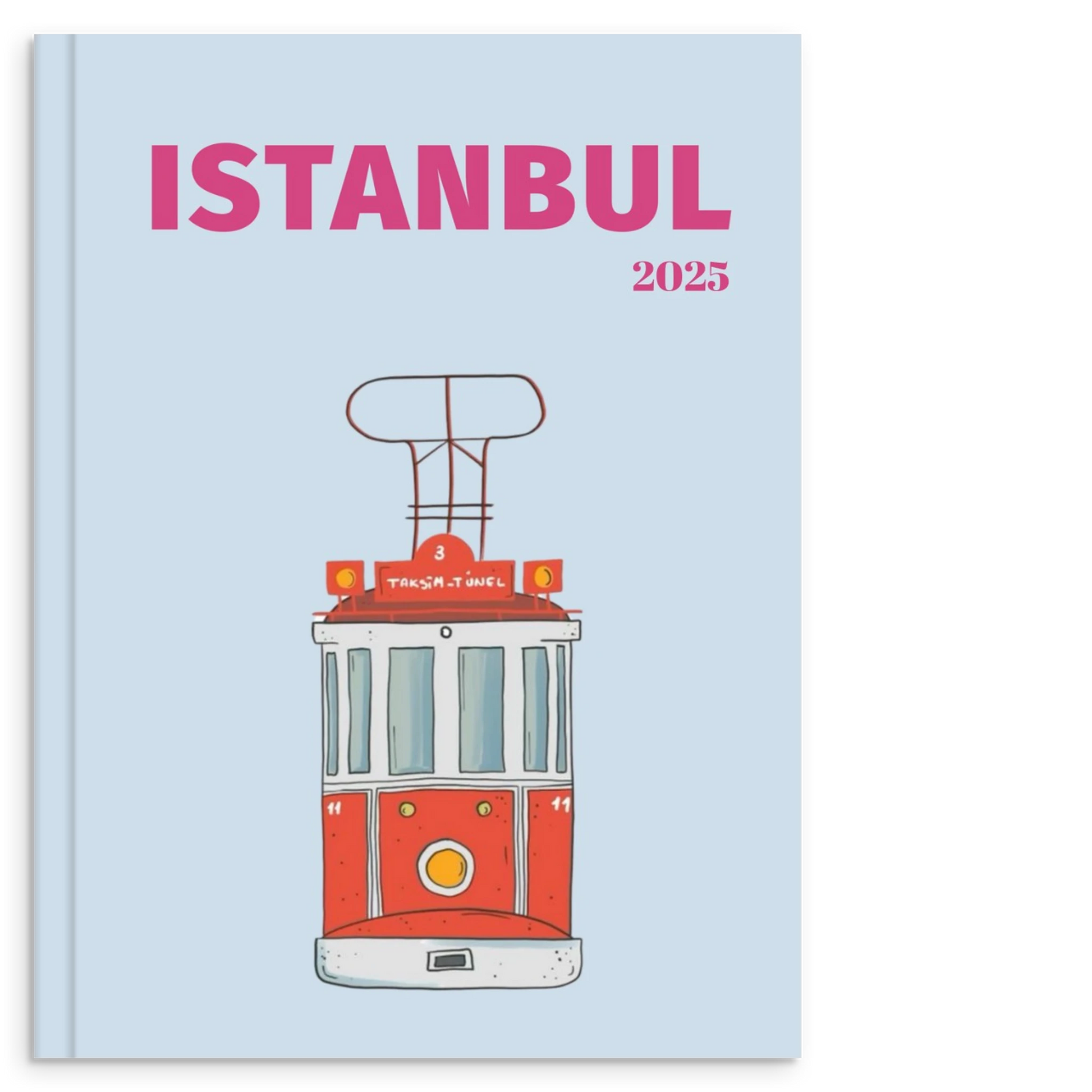 Blue photo book cover featuring tram in Instanbul